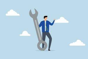 Fix business problem, businessman carrying large wrench metaphorically. vector