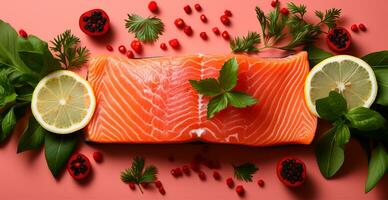 AI generated Lightly salted salmon or trout on a wooden tabletop - AI generated image photo