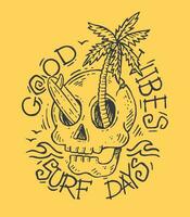 Hand-drawn illustration of a skull in a laid-back style, alluding to summer and surfing. vector