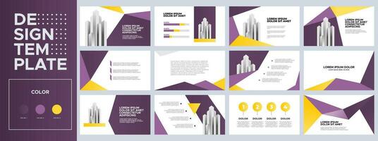 Business presentation templates set. Use for business annual report, keynote, brochure design, website slider, landing page, company profile, banner with gradient purple and yellow color. vector