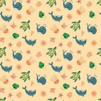 Seamless pattern with sea animals. Whale,  turtle, fish, lantern fish, jellyfish, dolphin vector