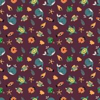 Seamless pattern with sea animals. Whale,  turtle, fish, lantern fish. vector