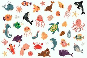 Set of marine animals. Hand-drawn style. White background, isolate. vector