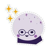 Magic crystal ball. Cute character in glasses with decorative elements. Sticker with dotted line vector