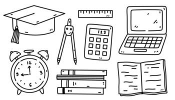 Set of school or student items - book, copybook, drawing compass, ruler, graduation hat, calculator, alarm clock, computer. Vector hand-drawn illustration in doodle style.Perfect for logo, decorations