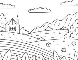 Cute kids coloring page. Landscape with clouds, house, trees, bushes, flowers, field, hills. Vector hand-drawn illustration in doodle style. Cartoon coloring book for children.