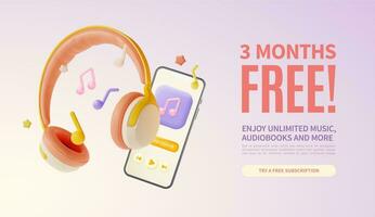 3d música y audio libro suscripción 3 meses gratis cartel póster bandera tarjeta modelo dibujos animados estilo. vector