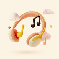 3d Headphones Gadget and Music Notes Symbols Floating Objects Cartoon Style. Vector