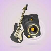 3d Black Electric Guitar and Sound Speaker Cartoon Style. Vector