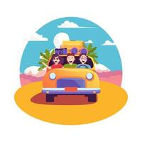 Cartoon Color Characters Friends Car Trip Concept. Vector