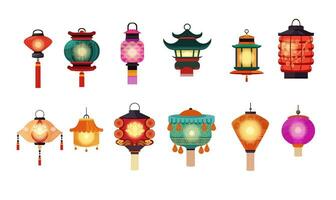 Cartoon Color Different Types Hanging Lanterns Set. Vector