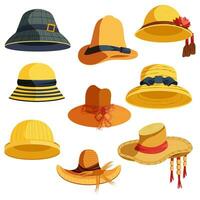 Cartoon Color Different Straw Hats Icons Set. Vector