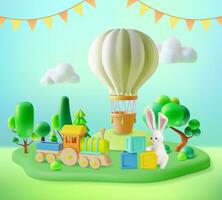 3d Kid Toys and Hot Air Balloon on Meadow Concept Cartoon Style. Vector