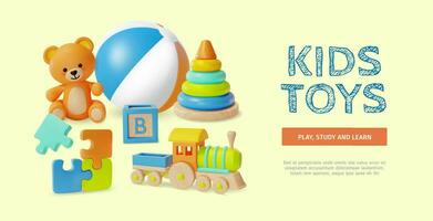 3d Kids Toys Play Study and Learn Concept Placard Poster Banner Card Template Cartoon Style. Vector