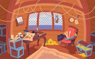 Cartoon Color Capitan Ship Cabin Interior Inside Scene Concept. Vector