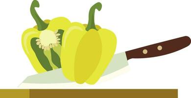 Yellow bell pepper vector on chopped board. free space for text. Cut half.