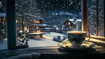 AI generated a cup of tea sits on a saucer in front of a window in the snow