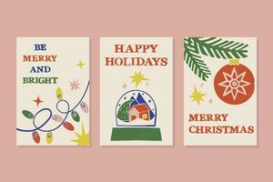 conjunto de Tres Navidad postales en grabado en linóleo estilo vector