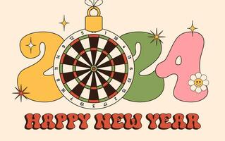 dart Groovy Happy New Year 2024 with ball. Sports groovy greeting card with sport ball. Vector illustration