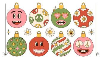 Christmas Groovy vibe set of christmas tree bauble balls and toys in trendy retro 60s hippie linear cartoon style. Vector illustration