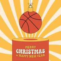 basketball groovy Christmas bauble pedestal. Merry Christmas groovy sport greeting card. Hang on a thread xmas ball on podium. Sport Trendy Vector illustration