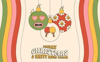 ping pong Merry Christmas and Happy New Year groovy Sports greeting card. Hanging ball as a groovy Christmas ball on vibrant background. Vector illustration.