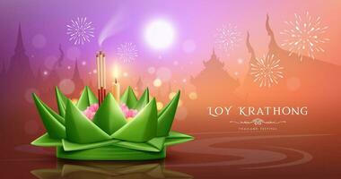 loy krathong Tailandia festival, realista plátano hoja Luna noche bandera diseño fondo, eps10 vector ilustración