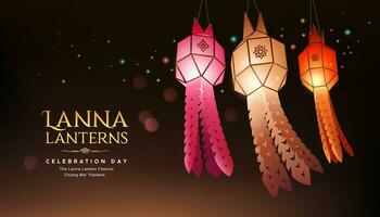 Lanna lanterns thailand festival, colorful paper lantern style, are used to decorate buildings for beauty, at night background, Eps 10 vector illustration