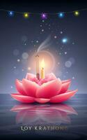 loy krathong pink lotus flower, candles and incense sticks, colorful night light bulb, poster flyer design on night river background, vector illustration