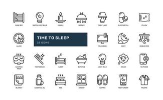 sleep related and activity everyday for bed time relax rest detailed outline line icon set vector