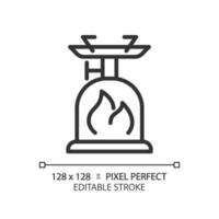 2D pixel perfect black camping stove icon, isolated vector, editable hiking gear thin line illustration. vector