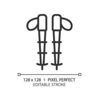 2D pixel perfect black hiking poles icon, isolated vector, editable hiking gear thin line illustration. vector