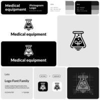 médico equipo monocromo negocio logo con marca nombre. laboratorio matraz y bombilla icono. diseño elemento y visual identidad. modelo con lato fuente. adecuado para médico, laboratorio, cuidado de la salud. vector