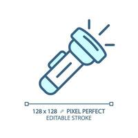 2D pixel perfect blue flashlight icon, isolated vector, editable hiking gear thin line illustration. vector