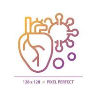 2D pixel perfect gradient heart with virus icon, isolated vector, thin line illustration representing bacteria. vector