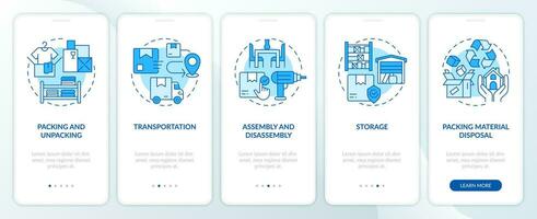 2D icons representing moving service mobile app screen set. Walkthrough 5 steps blue graphic instructions with linear icons concept, UI, UX, GUI template. vector