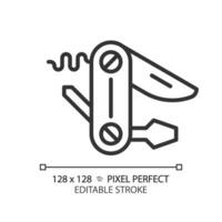 2D pixel perfect black utility knife icon, isolated vector, editable hiking gear thin line illustration. vector