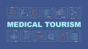 2D medical tourism text with various thin linear icons concept on dark blue monochromatic background, editable 2D vector illustration.