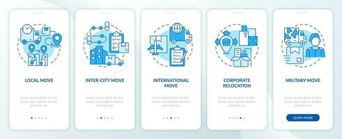 2D icons representing moving service mobile app screen set. Walkthrough 5 steps blue graphic instructions with line icons concept, UI, UX, GUI template. vector