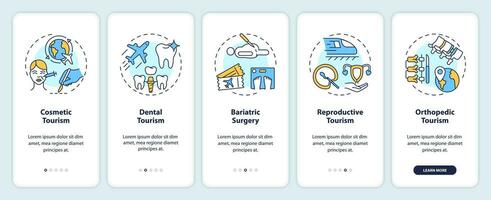 2D icons representing medical tourism mobile app screen set. Walkthrough 5 steps multicolor graphic instructions with thin line icons concept, UI, UX, GUI template. vector