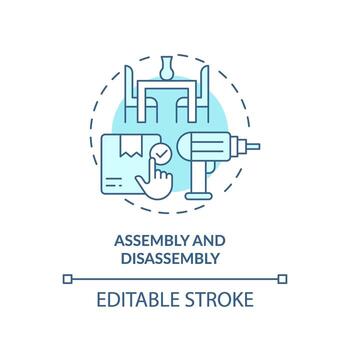 2D editable assembly and disassembly icon representing moving service, monochromatic isolated vector, blue thin line illustration. vector