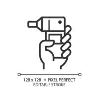 Spirometer pixel perfect linear icon. Breathing exercise. Respiratory disease. Lung function. Medical device. Thin line illustration. Contour symbol. Vector outline drawing. Editable stroke