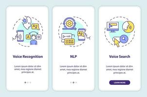 2D icons representing voice assistant mobile app screen set. Walkthrough 3 steps colorful graphic instructions with line icons concept, UI, UX, GUI template. vector