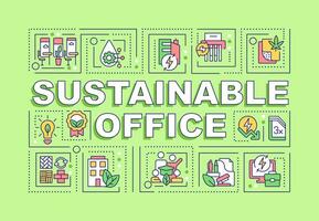 Sustainable office text concept with various icons on green monochromatic background, 2D vector illustration.