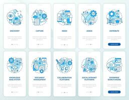 2D icons representing knowledge management mobile app screen set. Walkthrough 5 steps blue graphic instructions with thin line icons concept, UI, UX, GUI template. vector