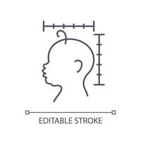 Baby head check up linear icon. Pediatric examination. Child development. Growth chart. Doctor visit. Early detection. Thin line illustration. Contour symbol. Vector outline drawing. Editable stroke