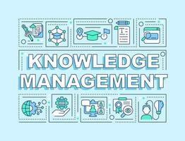 Knowledge management text with various line icons on blue monochromatic background, 2D vector illustration.
