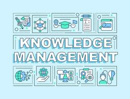 Knowledge management text with various line icons on blue monochromatic background, 2D vector illustration.