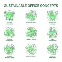 2D editable green icons set representing sustainable office concepts, isolated vector, thin line monochromatic illustration. vector