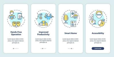 2d íconos representando voz asistente móvil aplicación pantalla colocar. recorrido 4 4 pasos multicolor gráfico instrucciones con Delgado línea íconos concepto, ui, ux, gui modelo. vector